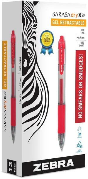 SARASA X20 Retractable Gel Pen, Red Ink, 0.7mm, 12-Pack Rapid-Dry Ink, Smear-Resistant, Ideal for Left-Handed Writers, Note-Taking, Office, School Supplies, Medium Point Tip (46830) SARASA X20 Retractable Gel Pen, Red Ink, 0.7mm, 12-Pack Rapid-Dry Ink, Smear-Resistant, Ideal for Left-Handed Writers, Note-Taking, Office, School Supplies, Medium Point Tip (46830)