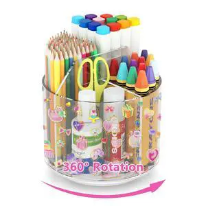 Acrylic Pencil Organizer for Desk Crayon Organizer with Adhesive Sticker Rotating Art Supply Organizer with Kawaii Sticker Acrylic Pencil Organizer for Desk Crayon Organizer with Adhesive Sticker Rotating Art Supply Organizer with Kawaii Sticker
