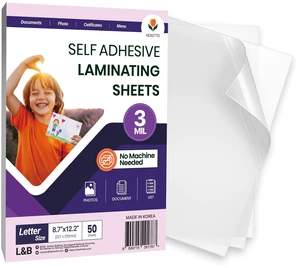 No-Heat Self-Stick Laminating Sheets, 8.7x12.2 in, 3 Mil, 50 Pack 50 self-adhesive cold laminating sheets, 8.7x12.2 in letter size, 3 mil. No machine or heat; peel and stick to protect No-Heat Self-Stick Laminating Sheets, 8.7x12.2 in, 3 Mil, 50 Pack 50 self-adhesive cold laminating sheets, 8.7x12.2 in letter size, 3 mil. No machine or heat; peel and stick to protect