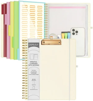 Foldable Spiral Clipboard Folio with Storage Zipper Pouch, 5 Plastic Folders with 10 Pockets, Refillable Lined Notepad (11" x 8.5"), Linen Hardcover Project Organizer (Beige) Foldable Spiral Clipboard Folio with Storage Zipper Pouch, 5 Plastic Folders with 10 Pockets, Refillable Lined Notepad (11" x 8.5"), Linen Hardcover Project Organizer (Beige)