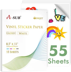Vinyl Sticker Paper for Inkjet Printer, Glossy Waterproof, 55 Sheets 8.5x11 Inch, Printable Vinyl for Custom Stickers Vinyl Sticker Paper for Inkjet Printer, Glossy Waterproof, 55 Sheets 8.5x11 Inch, Printable Vinyl for Custom Stickers
