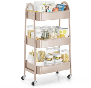 3 Tier Rolling Cart, Large Metal Storage Cart with Handle and Lockable Wheels, Big Multifunctional Storage Organizer Trolley with Mesh Baskets for Kitchen, Living Room, Office, Garage (Beige) 3 Tier Rolling Cart, Large Metal Storage Cart with Handle and Lockable Wheels, Big Multifunctional Storage Organizer Trolley with Mesh Baskets for Kitchen, Living Room, Office, Garage (Beige)