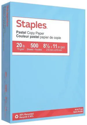 30% Recycled Copy Paper, 8.5x11 Inch, 20 lb., Blue, 500 Sheets Colored multipurpose paper for office, school & home printing and projects 30% Recycled Copy Paper, 8.5x11 Inch, 20 lb., Blue, 500 Sheets Colored multipurpose paper for office, school & home printing and projects