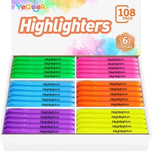 Highlighters, Chisel Tip Dry-Quickly Highlighter Markers, 108 Count-6 Assorted Colors Highlighters Bulk Pack for Adult Kids, Office Classroom Must Have, School Supplies for Teachers Highlighters, Chisel Tip Dry-Quickly Highlighter Markers, 108 Count-6 Assorted Colors Highlighters Bulk Pack for Adult Kids, Office Classroom Must Have, School Supplies for Teachers