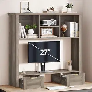 Desk Shelf with Computer Monitor Stand, 37.4''W Desktop Bookshelf Display Rack, Desktop Organizer Storage Rack with Cubbies & Drawers, 5-Tier Hutch for Home, Office, Dorm, Vanity, Grey Desk Shelf with Computer Monitor Stand, 37.4''W Desktop Bookshelf Display Rack, Desktop Organizer Storage Rack with Cubbies & Drawers, 5-Tier Hutch for Home, Office, Dorm, Vanity, Grey