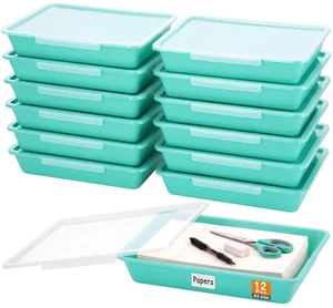 12 Pcs Classroom Paper Storage Bins with Clear Latching Lid, Label Stackable Letter Size Flat Tray Container for Teacher Back to School Supplies Home Office Desk Arts Crafts (Teal,13x10in) 12 Pcs Classroom Paper Storage Bins with Clear Latching Lid, Label Stackable Letter Size Flat Tray Container for Teacher Back to School Supplies Home Office Desk Arts Crafts (Teal,13x10in)