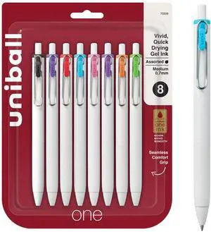 uniball one Gel Pens, Medium Point (0.7mm), Assorted Ink, 8 Pack Ink stays on top of paper fibers for crisp vivid lines, wire pocket clip, color indicator top, smooth barrel & rubber grip uniball one Gel Pens, Medium Point (0.7mm), Assorted Ink, 8 Pack Ink stays on top of paper fibers for crisp vivid lines, wire pocket clip, color indicator top, smooth barrel & rubber grip