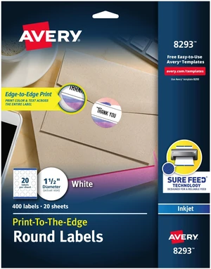 Matte White Round Labels, Sure Feed Technology, Permanent Adhesive, 1-1/2", 400 Labels (8293) Matte White Round Labels, Sure Feed Technology, Permanent Adhesive, 1-1/2", 400 Labels (8293)