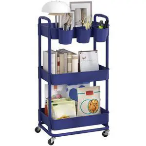 3-Tier Plastic Rolling Storage Cart Utility Cart Blue Utility Cart with Extra Hanging Cups Arc-Shaped Handles Lockable Wheels for Living Room Bathroom Kitchen Office 3-Tier Plastic Rolling Storage Cart Utility Cart Blue Utility Cart with Extra Hanging Cups Arc-Shaped Handles Lockable Wheels for Living Room Bathroom Kitchen Office