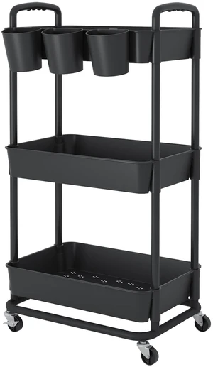 3-Tier Plastic Rolling Storage Cart Utility Cart Black Utility Cart with Extra Hanging Cups Arc-Shaped Handles Lockable Wheels for Living Room Bathroom Kitchen Office 3-Tier Plastic Rolling Storage Cart Utility Cart Black Utility Cart with Extra Hanging Cups Arc-Shaped Handles Lockable Wheels for Living Room Bathroom Kitchen Office