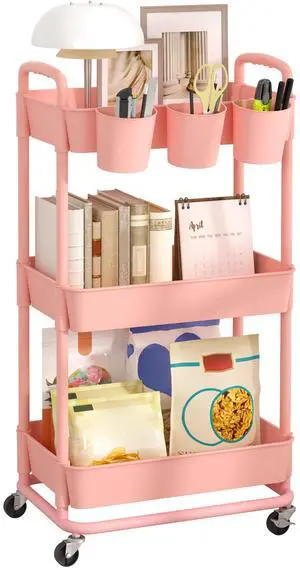 3-Tier Plastic Rolling Storage Cart Utility Cart Pink Utility Cart with Extra Hanging Cups Arc-Shaped Handles Lockable Wheels for Living Room Bathroom Kitchen Office 3-Tier Plastic Rolling Storage Cart Utility Cart Pink Utility Cart with Extra Hanging Cups Arc-Shaped Handles Lockable Wheels for Living Room Bathroom Kitchen Office