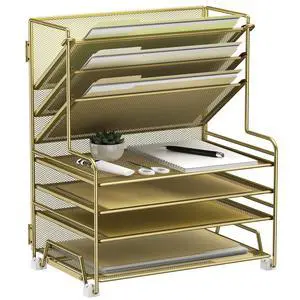 4-Tier Paper Organizer + 3-Pocket File Holder + Drawer + Pen Holders, Desktop File Organizers Paper Tray for Office Supplies School Classroom Organization (Gold, no Drawer & Pen Holder) 4-Tier Paper Organizer + 3-Pocket File Holder + Drawer + Pen Holders, Desktop File Organizers Paper Tray for Office Supplies School Classroom Organization (Gold, no Drawer & Pen Holder)
