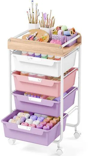 Rolling Storage Utility Cart with 4 Drawers,Art Cart,Purple Kids Craft Cart,Makeup Organizer and Storage with Wooden Tabletop Rolling Storage Utility Cart with 4 Drawers,Art Cart,Purple Kids Craft Cart,Makeup Organizer and Storage with Wooden Tabletop