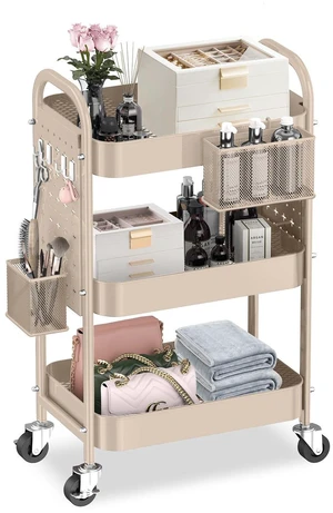 3 Tier Metal Rolling Utility Cart with Pegboards,Baskets,Hook,Khaki More Storage Craft Cart with Pegboards,Lockable Wheels,Hooks & Baskets to Organize Kitchen,Office,Bedroom and DIY Supplies 3 Tier Metal Rolling Utility Cart with Pegboards,Baskets,Hook,Khaki More Storage Craft Cart with Pegboards,Lockable Wheels,Hooks & Baskets to Organize Kitchen,Office,Bedroom and DIY Supplies