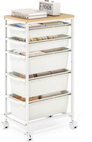 Slim Rolling Cart with 5 Drawers, Metal Utility Storage Cart | Wooden Tabletop, Lockable Wheels, Table Side Trolley for Bedroom, Children's Room and Office Organization, White Slim Rolling Cart with 5 Drawers, Metal Utility Storage Cart | Wooden Tabletop, Lockable Wheels, Table Side Trolley for Bedroom, Children's Room and Office Organization, White