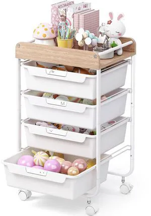 Rolling Storage Utility Cart with 4 Drawers,Art Cart,White Kids Craft Cart,Makeup Organizer and Storage with Wooden Tabletop Rolling Storage Utility Cart with 4 Drawers,Art Cart,White Kids Craft Cart,Makeup Organizer and Storage with Wooden Tabletop