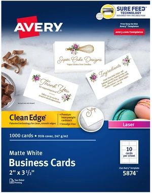 Clean Edge Printable Business Cards, Sure Feed Technology, 2" x 3.5", White, 1,000 Blank Cards for Laser Printers (5874) Clean Edge Printable Business Cards, Sure Feed Technology, 2" x 3.5", White, 1,000 Blank Cards for Laser Printers (5874)
