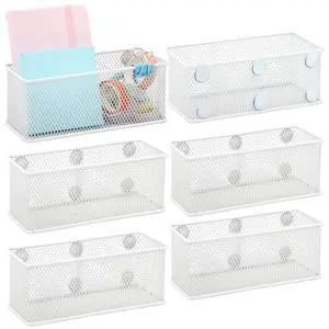 Magnetic Pencil Holder Set of 6 - Wire Mesh Storage Baskets Organizer with Strong Magnets - Perfect for Whiteboard, Refrigerator and Locker Accessories, White Magnetic Pencil Holder Set of 6 - Wire Mesh Storage Baskets Organizer with Strong Magnets - Perfect for Whiteboard, Refrigerator and Locker Accessories, White