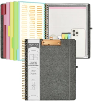 Foldable Spiral Clipboard Folio with Storage Zipper Pouch, 5 Plastic Folders with 10 Pockets,Refillable Lined Notepad (11" x 8.5"), Hardcover Project Organizer with 39 Stickers (Dark Grey) Foldable Spiral Clipboard Folio with Storage Zipper Pouch, 5 Plastic Folders with 10 Pockets,Refillable Lined Notepad (11" x 8.5"), Hardcover Project Organizer with 39 Stickers (Dark Grey)