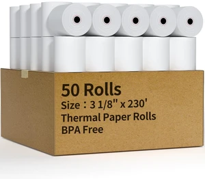 (50 Rolls) 3 1/8" x 230' Thermal Receipt Paper Rolls Cash Register POS Thermal Paper, Credit Card Rolls Thermal 3 1/8 in x 230 ft (50 Rolls) 3 1/8" x 230' Thermal Receipt Paper Rolls Cash Register POS Thermal Paper, Credit Card Rolls Thermal 3 1/8 in x 230 ft