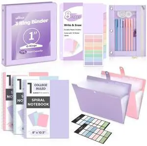School Supplies Set 1" 3-Ring Binder, 2 Expanding File Folders, 3 Spiral Notebooks, 8 Tab Dividers & Pencil Pouch Cute Stationery for High School Stude, College Essentials Purple School Supplies Set 1" 3-Ring Binder, 2 Expanding File Folders, 3 Spiral Notebooks, 8 Tab Dividers & Pencil Pouch Cute Stationery for High School Stude, College Essentials Purple