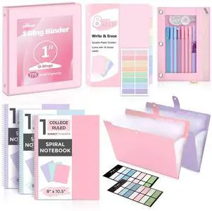 Pink School Supplies Set 1" 3-Ring Binder, 2 Expanding File Folders, 3 Spiral Notebooks, 8 Tab Dividers & Pencil Pouch Cute Stationery for High School Stude, College Essentials Pink School Supplies Set 1" 3-Ring Binder, 2 Expanding File Folders, 3 Spiral Notebooks, 8 Tab Dividers & Pencil Pouch Cute Stationery for High School Stude, College Essentials