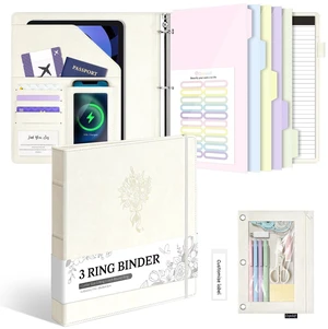 Leather 3 Ring Binder for Letter Size Documents with PVC Pocketed Dividers, Pencil Pouch & Notepad, 1 Inch Round Rings, Holds 175 Sheets, for Office School Home Organization, Flower White Leather 3 Ring Binder for Letter Size Documents with PVC Pocketed Dividers, Pencil Pouch & Notepad, 1 Inch Round Rings, Holds 175 Sheets, for Office School Home Organization, Flower White