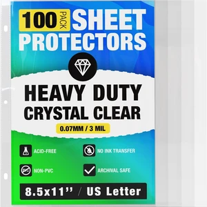 100 Pack of 8.5x11 Heavy Duty Crystal Clear Sheet Protectors for 3 Ring Binder, Plastic Page Sleeve Protectors for Paper Document (100 Pack, 8.5 x 11'' - 1 Pocket) 100 Pack of 8.5x11 Heavy Duty Crystal Clear Sheet Protectors for 3 Ring Binder, Plastic Page Sleeve Protectors for Paper Document (100 Pack, 8.5 x 11'' - 1 Pocket)