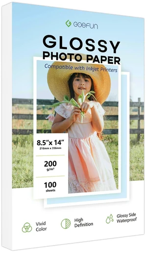 Glossy Photo Paper 8.5 x 14, 54LB Legal Size glossy paper 100 Sheets 200 GSM Photo Printer Paper for Inkjet Printer and Dye Ink Glossy Photo Paper 8.5 x 14, 54LB Legal Size glossy paper 100 Sheets 200 GSM Photo Printer Paper for Inkjet Printer and Dye Ink
