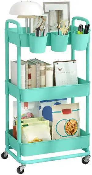 3-Tier Plastic Rolling Storage Cart Utility Cart Green Utility Cart with Extra Hanging Cups Arc-Shaped Handles Lockable Wheels for Living Room Bathroom Kitchen Office 3-Tier Plastic Rolling Storage Cart Utility Cart Green Utility Cart with Extra Hanging Cups Arc-Shaped Handles Lockable Wheels for Living Room Bathroom Kitchen Office