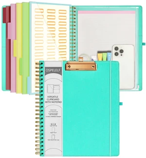 Foldable Spiral Clipboard Folio with Storage Zipper Pouch, 5 Plastic Folders with 10 Pockets,Refillable Lined Notepad (11" x 8.5"), Hardcover Project Organizer with 39 Stickers (Aqua) Foldable Spiral Clipboard Folio with Storage Zipper Pouch, 5 Plastic Folders with 10 Pockets,Refillable Lined Notepad (11" x 8.5"), Hardcover Project Organizer with 39 Stickers (Aqua)
