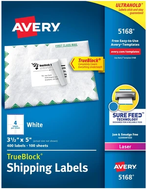 Printable Shipping Labels with Sure Feed, 3-1/2" x 5", White, 400 Blank Mailing Labels for Laser Printers (5168) Printable Shipping Labels with Sure Feed, 3-1/2" x 5", White, 400 Blank Mailing Labels for Laser Printers (5168)
