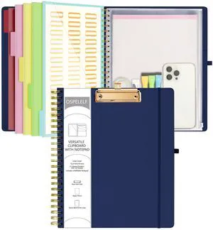 Bule Foldable Spiral Clipboard Folio with Storage Zipper Pouch, 5 Plastic Folders with 10 Pockets, Refillable Lined Notepad (11" x 8.5"), Linen Hardcover Project Organizer Bule Foldable Spiral Clipboard Folio with Storage Zipper Pouch, 5 Plastic Folders with 10 Pockets, Refillable Lined Notepad (11" x 8.5"), Linen Hardcover Project Organizer
