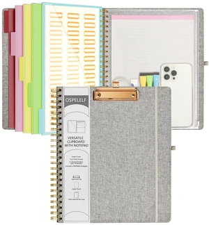 Foldable Spiral Clipboard Folio with Storage Zipper Pouch, 5 Plastic Folders with 10 Pockets,Refillable Lined Notepad (11" x 8.5"), Hardcover Project Organizer with 39 Stickers (Grey) Foldable Spiral Clipboard Folio with Storage Zipper Pouch, 5 Plastic Folders with 10 Pockets,Refillable Lined Notepad (11" x 8.5"), Hardcover Project Organizer with 39 Stickers (Grey)