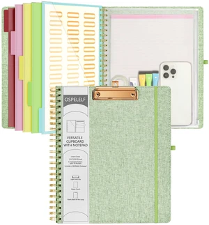 Green Foldable Spiral Clipboard Folio with Storage Zipper Pouch, 5 Plastic Folders with 10 Pockets, Refillable Lined Notepad (11" x 8.5"), Linen Hardcover Project Organizer Green Foldable Spiral Clipboard Folio with Storage Zipper Pouch, 5 Plastic Folders with 10 Pockets, Refillable Lined Notepad (11" x 8.5"), Linen Hardcover Project Organizer