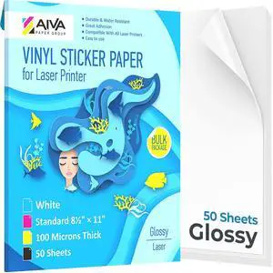 Printable Vinyl Sticker Paper for Laser Printer - Glossy White - 50 Self-Adhesive Sheets - Waterproof Decal Paper - Standard Letter Size 8.5"x11" Printable Vinyl Sticker Paper for Laser Printer - Glossy White - 50 Self-Adhesive Sheets - Waterproof Decal Paper - Standard Letter Size 8.5"x11"