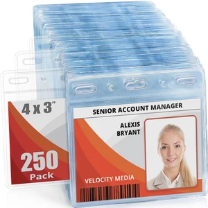 4x3" Horizontal ID Name Badge Holder - Quick Load Zipperless, 250 Pack clear plastic identification card & name tag holders, soft edge, no zipper, pre-punched holes for all lanyard clips 4x3" Horizontal ID Name Badge Holder - Quick Load Zipperless, 250 Pack clear plastic identification card & name tag holders, soft edge, no zipper, pre-punched holes for all lanyard clips