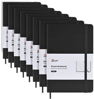 8 Pack A5 Hardcover Lined Notebooks, 160 Pages, 100 GSM, Black Clean Full-Page Rules, Smooth 100 GSM Paper, Splash-Resistant Cover, Thread-Sewn Binding, Matching Ribbon, Elastic & Pocket 8 Pack A5 Hardcover Lined Notebooks, 160 Pages, 100 GSM, Black Clean Full-Page Rules, Smooth 100 GSM Paper, Splash-Resistant Cover, Thread-Sewn Binding, Matching Ribbon, Elastic & Pocket