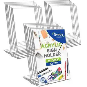 8.5x11 Acrylic Sign Stand Holders, Clear Plastic Table Paper Display Stands Displaying Posters, Pictures, Flyers, Menu Tabletop Holder Stand - 8.5 x 11 L Shape 18 pack 8.5x11 Acrylic Sign Stand Holders, Clear Plastic Table Paper Display Stands Displaying Posters, Pictures, Flyers, Menu Tabletop Holder Stand - 8.5 x 11 L Shape 18 pack