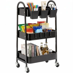3-Tier Rolling Cart, Utility Cart Mobile Metal Rolling Storage Cart with Lockable Wheels & Hanging Cups & Hooks for Kitchen, Bathroom, Office, Workshop, Black 3-Tier Rolling Cart, Utility Cart Mobile Metal Rolling Storage Cart with Lockable Wheels & Hanging Cups & Hooks for Kitchen, Bathroom, Office, Workshop, Black