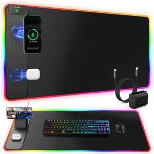 Wireless Charging Mouse Pad with Magnetic Phone Stand, 31.5"x15.8" Large Gaming Mousepad RGB Desk Mat, Smooth Glide, Stitched Edge, Non-Slip Rubber Base, Waterproof Keyboard Mat, with Adatper Wireless Charging Mouse Pad with Magnetic Phone Stand, 31.5"x15.8" Large Gaming Mousepad RGB Desk Mat, Smooth Glide, Stitched Edge, Non-Slip Rubber Base, Waterproof Keyboard Mat, with Adatper