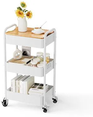 3-Tier Rolling Cart with Table Top, Metal Utility Cart on Wheels Sturdy Storage Organizer Cart with Lockable Wheels&Hooks for Craft, Office, Classroom, Kitchen and Bathroom, WHite 3-Tier Rolling Cart with Table Top, Metal Utility Cart on Wheels Sturdy Storage Organizer Cart with Lockable Wheels&Hooks for Craft, Office, Classroom, Kitchen and Bathroom, WHite