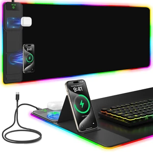 Mouse Pad with Foldable Phone Holder & Wireless Charger, XXL RGB Gaming Mousepad 31.5"x15.8" Large Desk Mat for Keyboard, Black Desk Pad with Dual Qi Charging Station | 11 Colors 5 Modes | Waterproof Mouse Pad with Foldable Phone Holder & Wireless Charger, XXL RGB Gaming Mousepad 31.5"x15.8" Large Desk Mat for Keyboard, Black Desk Pad with Dual Qi Charging Station | 11 Colors 5 Modes | Waterproof