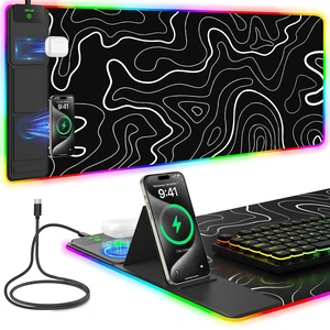 Mouse Pad with Foldable Phone Holder & Wireless Charger, XXL RGB Gaming Mousepad 31.5"x15.8" Large Desk Mat for Keyboard, Black Desk Pad with Dual Qi Charging Station | 11 Colors 5 Modes | Waterproof Mouse Pad with Foldable Phone Holder & Wireless Charger, XXL RGB Gaming Mousepad 31.5"x15.8" Large Desk Mat for Keyboard, Black Desk Pad with Dual Qi Charging Station | 11 Colors 5 Modes | Waterproof