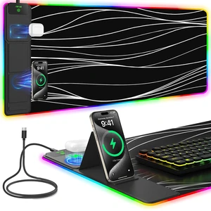 Mouse Pad with Foldable Phone Holder & Wireless Charger, XXL RGB Gaming Mousepad 31.5"x15.8" Large Desk Mat for Keyboard, Black Desk Pad with Dual Qi Charging Station | 11 Colors 5 Modes | Waterproof Mouse Pad with Foldable Phone Holder & Wireless Charger, XXL RGB Gaming Mousepad 31.5"x15.8" Large Desk Mat for Keyboard, Black Desk Pad with Dual Qi Charging Station | 11 Colors 5 Modes | Waterproof