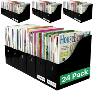 Magazine File Holder Set, Black Cardboard Office Organizer, 24-Pack Set of 24 black cardboard magazine holders features 4-inch-wide storage and upgraded double front panels for added stability Magazine File Holder Set, Black Cardboard Office Organizer, 24-Pack Set of 24 black cardboard magazine holders features 4-inch-wide storage and upgraded double front panels for added stability