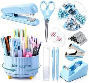 Blue Desk Organizers and Accessories with Desk Organizer 360° Rotating Pen Holder and Office Supplies, Cute Stationery Supplies Set Blue Desk Organizers and Accessories with Desk Organizer 360° Rotating Pen Holder and Office Supplies, Cute Stationery Supplies Set