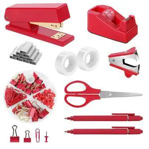 Red Office Supplies Set, Desk Accessories, Stapler, Tape Dispenser, Scissors, Binder/Paper Clips and 1000pcs Staples, Office Decor for Women Red Office Supplies Set, Desk Accessories, Stapler, Tape Dispenser, Scissors, Binder/Paper Clips and 1000pcs Staples, Office Decor for Women