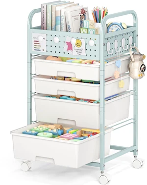 Drawer Rolling Storage Cart with Pegboard Top and Hooks, Green, 4-Drawers Drawer Rolling Storage Cart with Pegboard Top and Hooks, Green, 4-Drawers