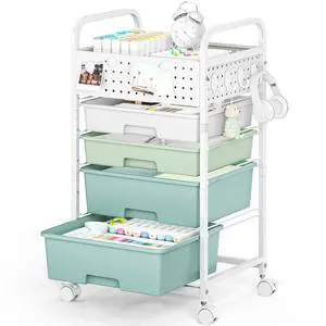 4 Drawer Rolling Storage Cart with Pegboard Top and Hooks, Gradient Green Mobile Organizer Cart with Wheels for Office Supplies, Craft Storage, Classroom Organization, Home Utility Cart 4 Drawer Rolling Storage Cart with Pegboard Top and Hooks, Gradient Green Mobile Organizer Cart with Wheels for Office Supplies, Craft Storage, Classroom Organization, Home Utility Cart